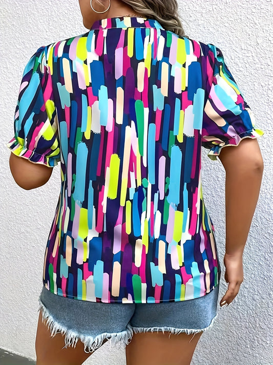 Plus Size Elegant Blouse with Notched Neck & Color Block Design – Short Sleeve Comfort for Stylish Spring & Summer Wear, Ideal for Curvy Women's Fashion