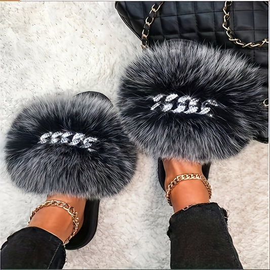 Luxurious Faux Fur Slippers for Women - Rhinestone Chain Decor, Flat Sole, Fashionable Indoor & Outdoor Shoes for Koningsdag/King's Day Celebrations, Comfortable and Warm Footwear for Cold Weather