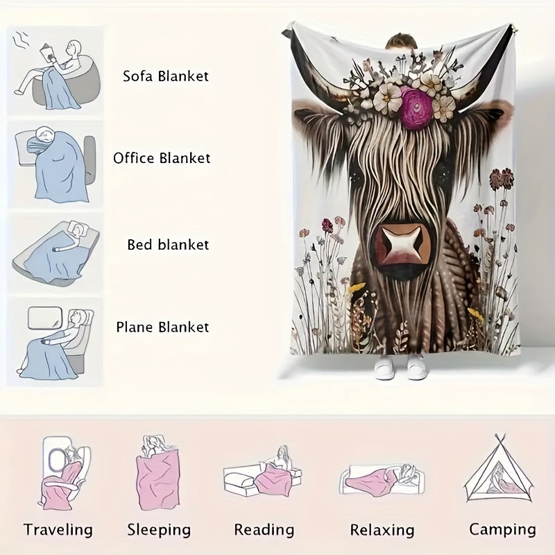 1pc Highland Cow Print Flannel Blanket - Luxuriously Soft & Cozy Warm, Versatile Nap & Couch Throw for All Seasons - Perfect Travel Companion & Gift Idea with Eye-catching Design