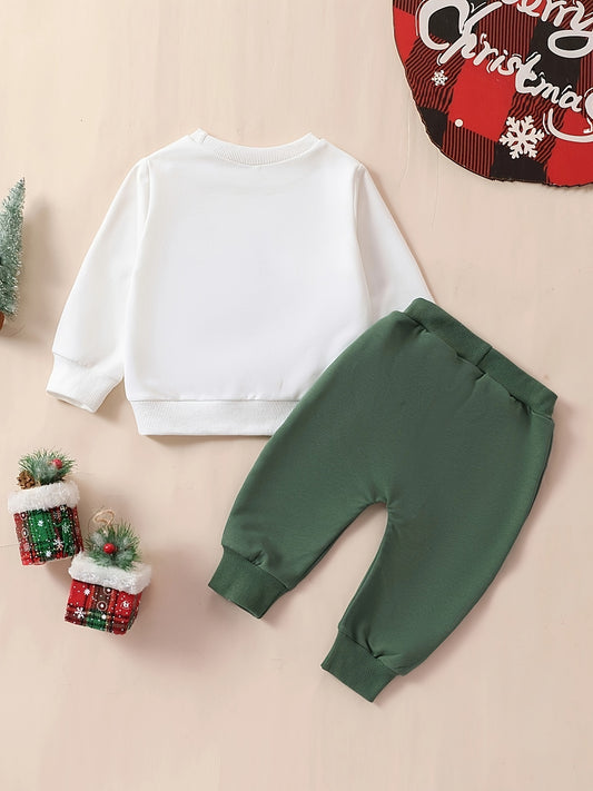 2pcs Baby's Cartoon Christmas Tree Print Sweatshirt & Casual Pants, Toddler & Infant Boy's Clothing Set Outdoor