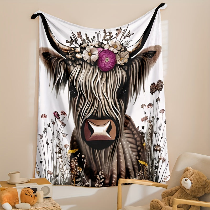 1pc Highland Cow Print Flannel Blanket - Luxuriously Soft & Cozy Warm, Versatile Nap & Couch Throw for All Seasons - Perfect Travel Companion & Gift Idea with Eye-catching Design