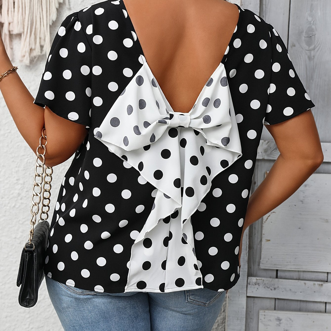 Plus Size Chic Bow Back Blouse with Color Block & Polka Dot Print - Elegant, Backless, Short Sleeve Crew Neck for Spring & Summer Fashion - Womens Plus Size Clothing