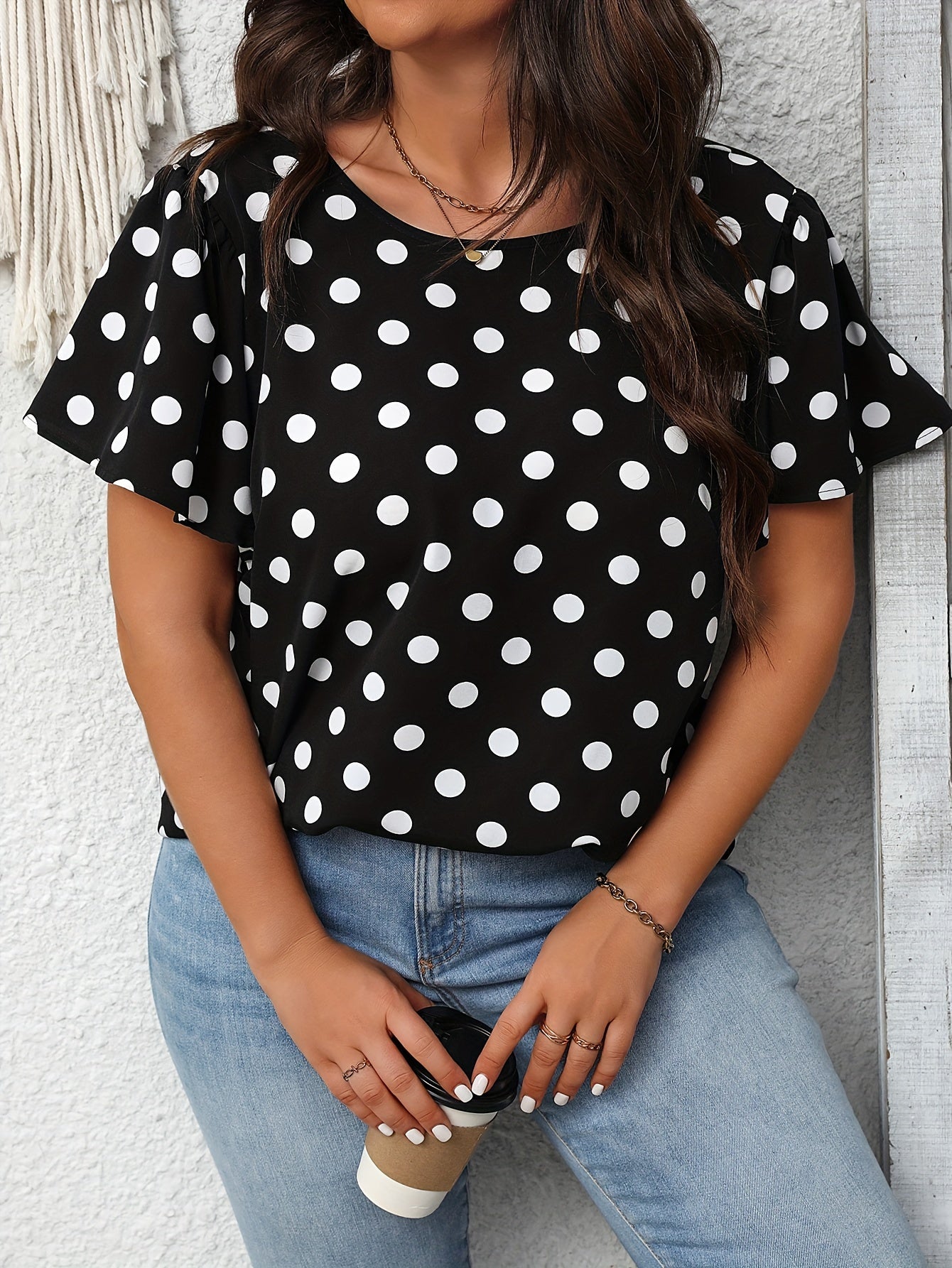 Plus Size Chic Bow Back Blouse with Color Block & Polka Dot Print - Elegant, Backless, Short Sleeve Crew Neck for Spring & Summer Fashion - Womens Plus Size Clothing