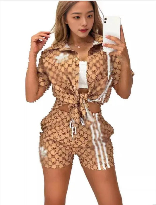 Designer Womens's luxury Two Piece Sets Tracksuits short sleeve shirt +shorts women printed woven polos collar Summer holiday loose fit casual home outdoor clothin