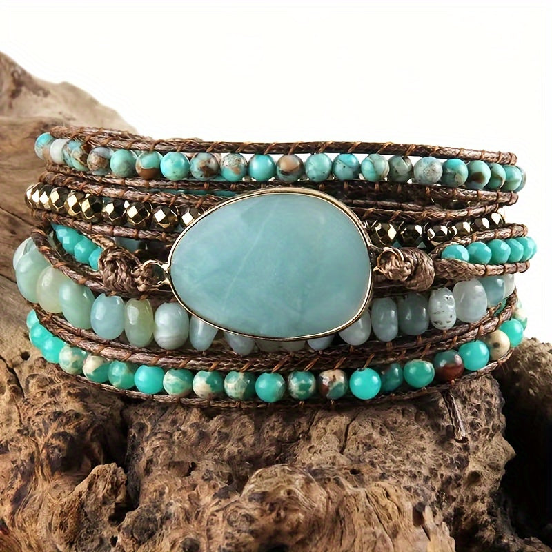 Adjustable Boho Stone Wrap Bracelet - Fashionable Bohemian Style with Authentic Natural Stones - Exquisite Handmade Jewelry for Multi-Layered Charm - Perfect Party Favors and Occasion Accessories
