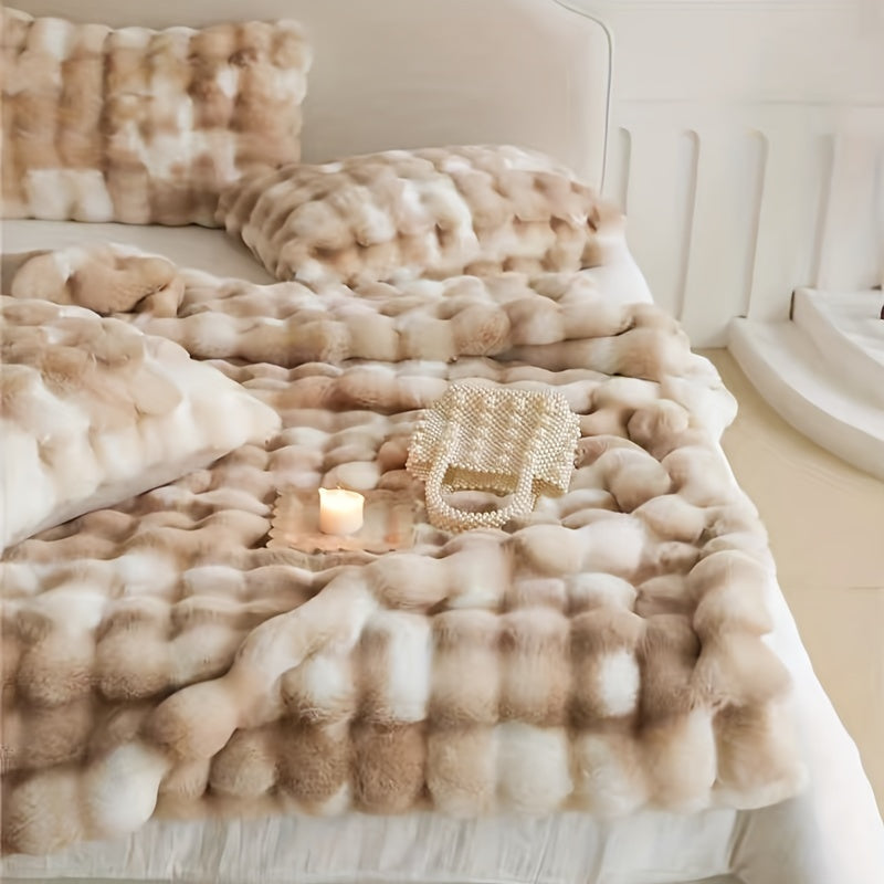 1pc Luxurious Faux Rabbit Fur Reversible Throw Blanket - Soft, Warm, Cozy, Versatile, and Lightweight for Office, Outdoor, Camping, Sofa, and Gift - Perfect for All Seasons and Occasions