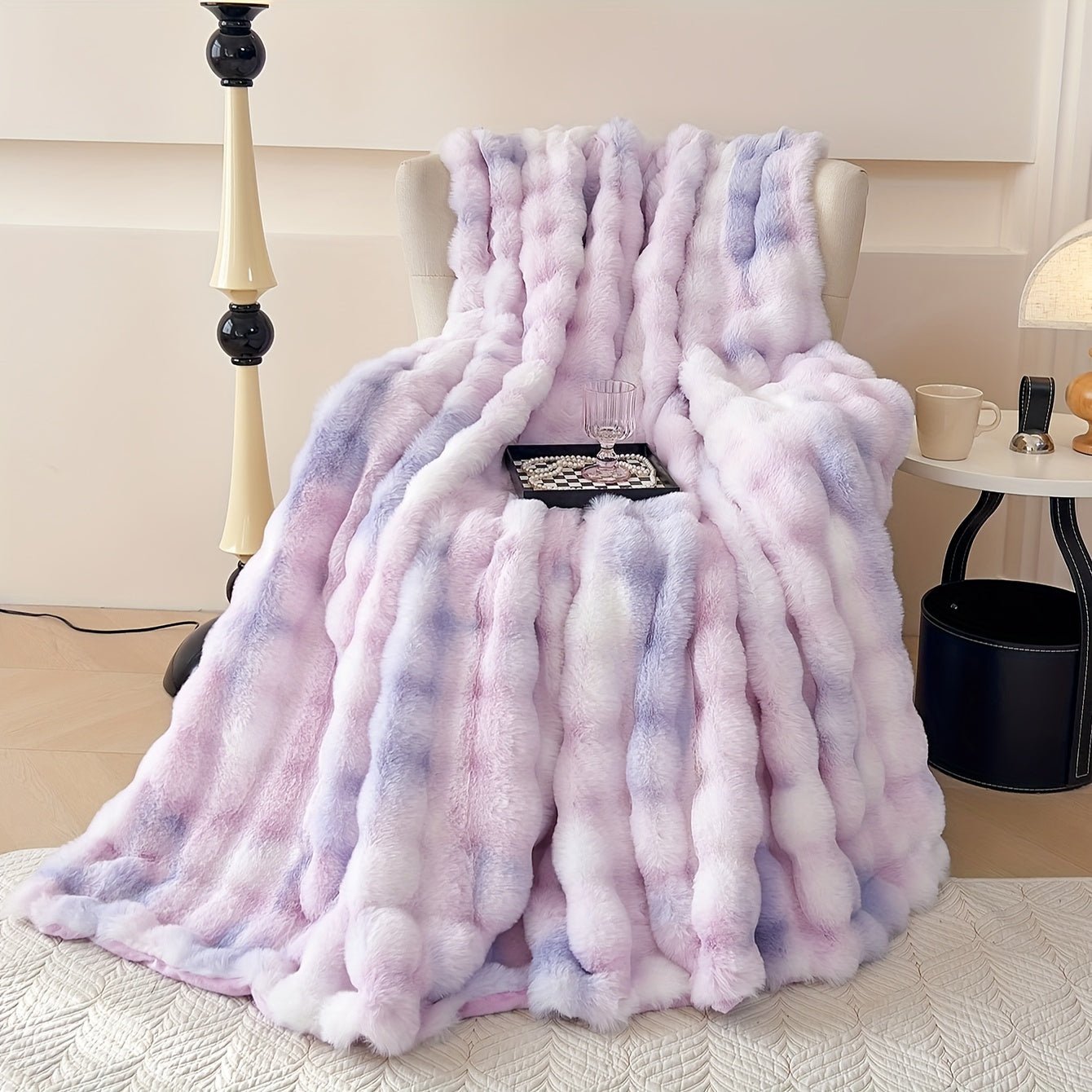 1pc Luxurious Tie-Dye Faux Rabbit Fur Shaggy Blanket - Soft, Fluffy, Plush Throw for Bed, Sofa, Nap - Warm, Cozy, and Velvety Texture