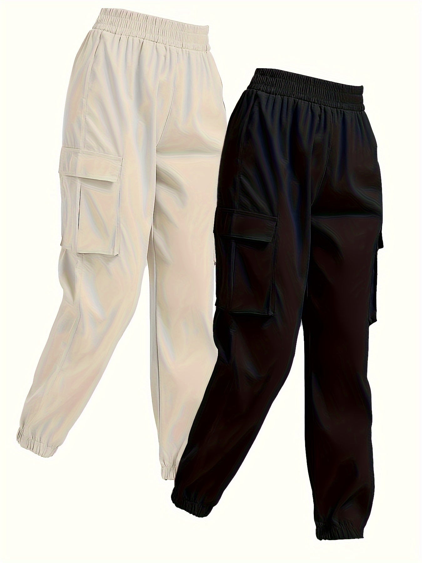 2 Pack Solid Jogger Cargo Pants - Women's Casual Pants with Flap Pockets and Elastic Waistband - Comfortable and Versatile Clothing for Everyday Wear