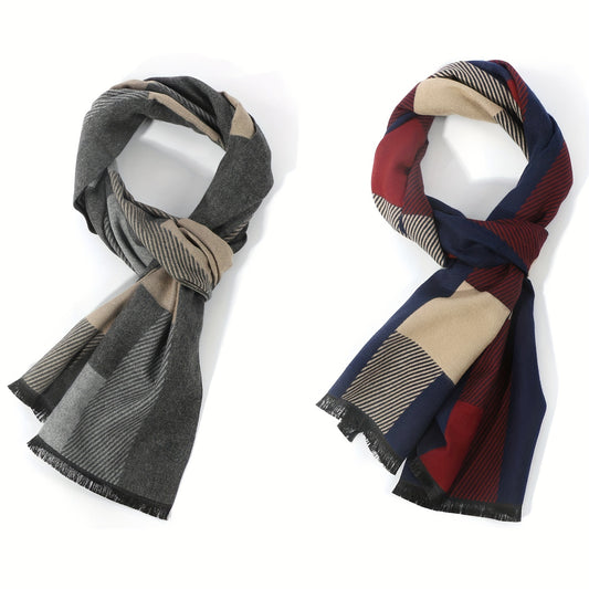 1pc Men's Casual Versatile Autumn And Winter Style Color Block Plaid Striped Warm Scarf