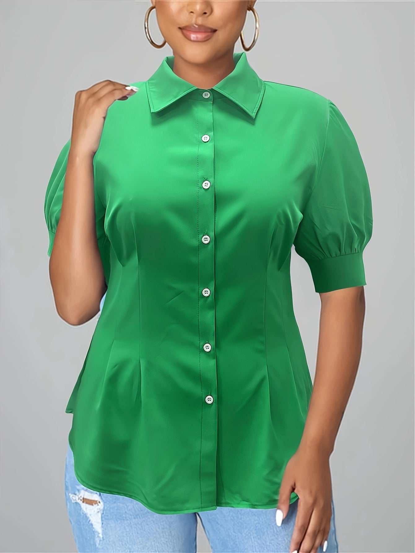 Plus Size Timeless Solid Color Button Front Collared Short Sleeve Blouse - Relaxed Casual Fit for Spring and Summer - High-Quality Womens Clothing for Confident Plus Size Women