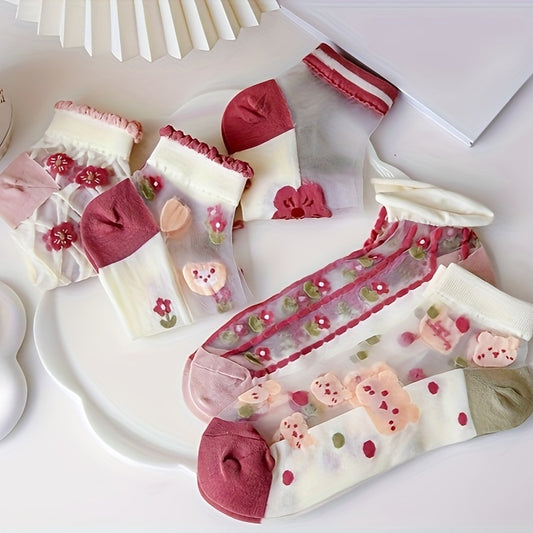 3/5 Pairs Of Teenager's Cute Low-cut Ankle Socks, Ultra-thin Silk Sweet Bear & Floral Design, Soft Comfy Cotton Blend Socks For Summer