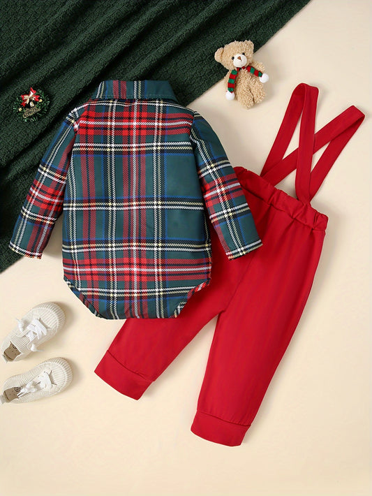 2pcs Baby's Christmas Style Plaid Pattern Bodysuit & Casual Cartoon Elk Print Overalls, Toddler & Infant Boy's Clothing Set, Outdoor Cloth