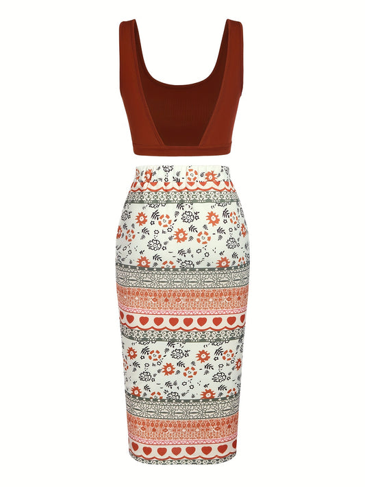 Chic Sleeveless Backless Crop Top & Floral Print Drawstring Split Dress Outfit - Effortlessly Stylish Casual Wear for Women
