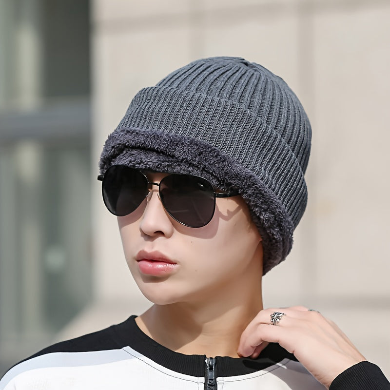 1pc Men's Scarf One Piece Hat, Winter Thickened Warm Hat, Cycling Face Protection, Cold Proof Cotton Knitted Hat