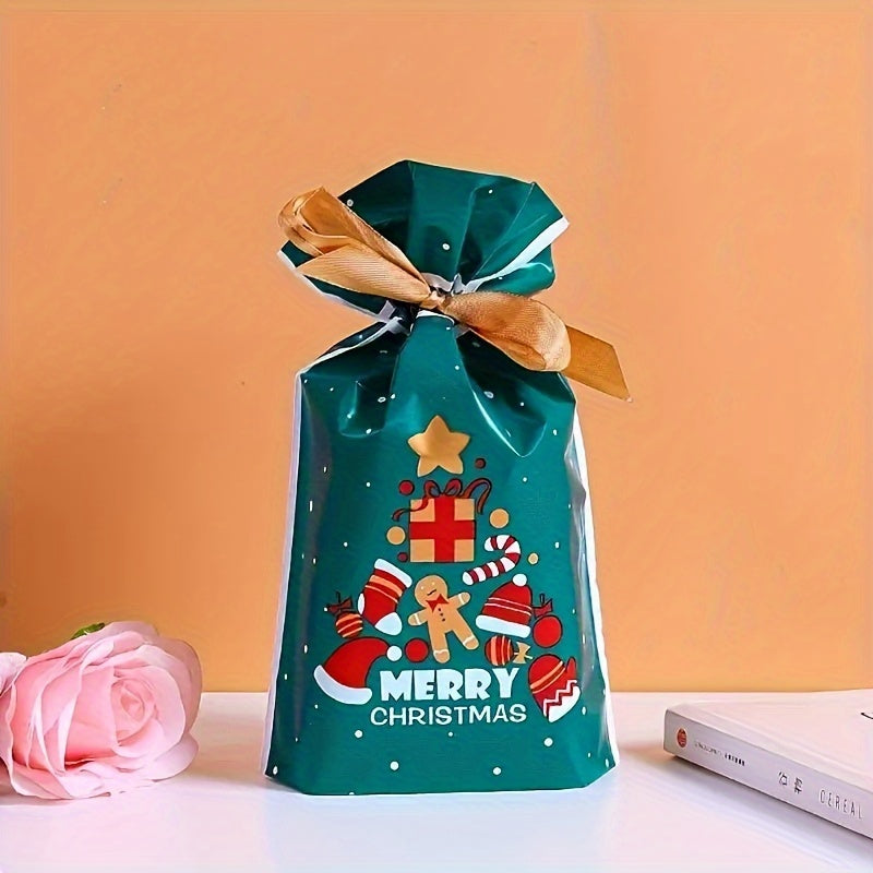 10-Pack Festive Christmas Gift Bags with Drawstring - Plastic Treat Bags for Cookies, Candy, and Snacks - Holiday Party Favor Packaging