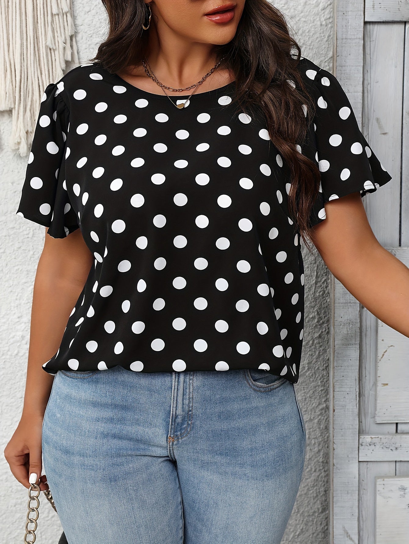 Plus Size Chic Bow Back Blouse with Color Block & Polka Dot Print - Elegant, Backless, Short Sleeve Crew Neck for Spring & Summer Fashion - Womens Plus Size Clothing