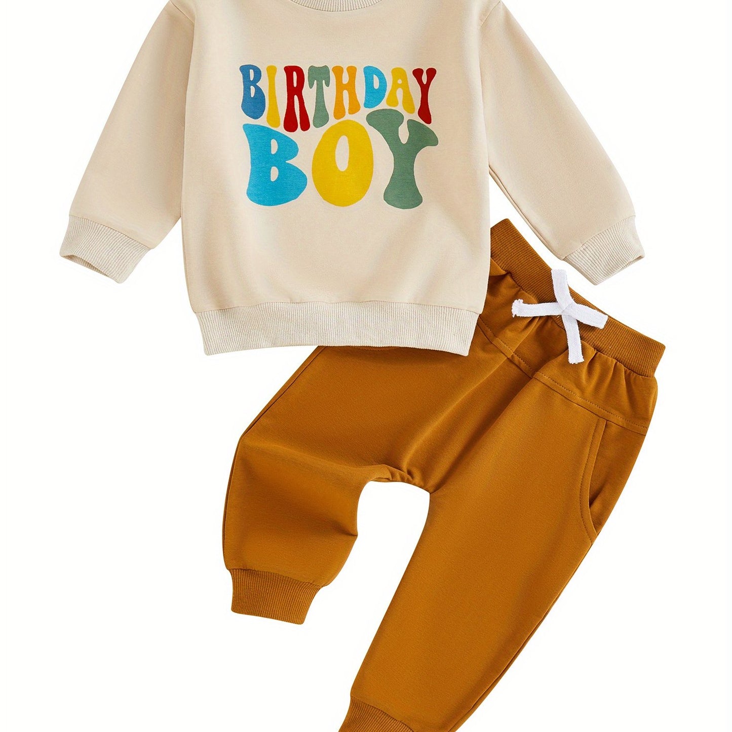 0-4Y Toddler Kids Boys Birthday Clothes Sets Long Sleeve Crew Neck Letters Print Sweatshirt with Solid Pants