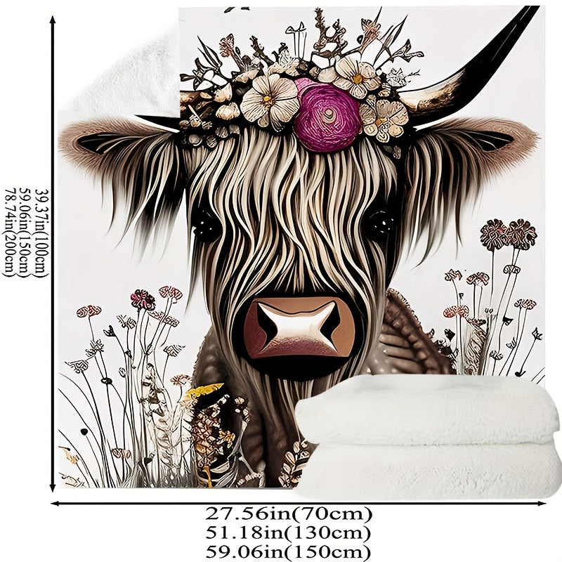 1pc Highland Cow Print Flannel Blanket - Luxuriously Soft & Cozy Warm, Versatile Nap & Couch Throw for All Seasons - Perfect Travel Companion & Gift Idea with Eye-catching Design