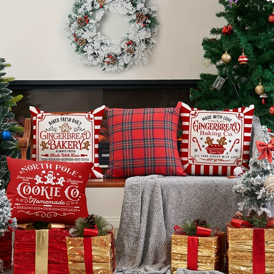 Festive Gingerbread Christmas Pillowcases - 4pcs Set of 18x18 Inch Red Striped Covers, Merry Christmas Design for Winter Home Decor, Machine Washable Polyester with Zip Closure