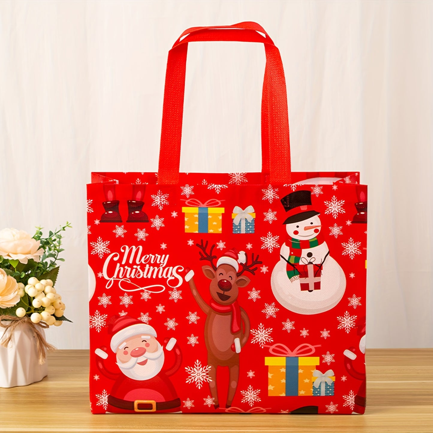 1pc Festive Non-Woven Christmas Gift Bag, Reusable Cartoon Shopping Tote for Holiday Party, Durable Fabric Material