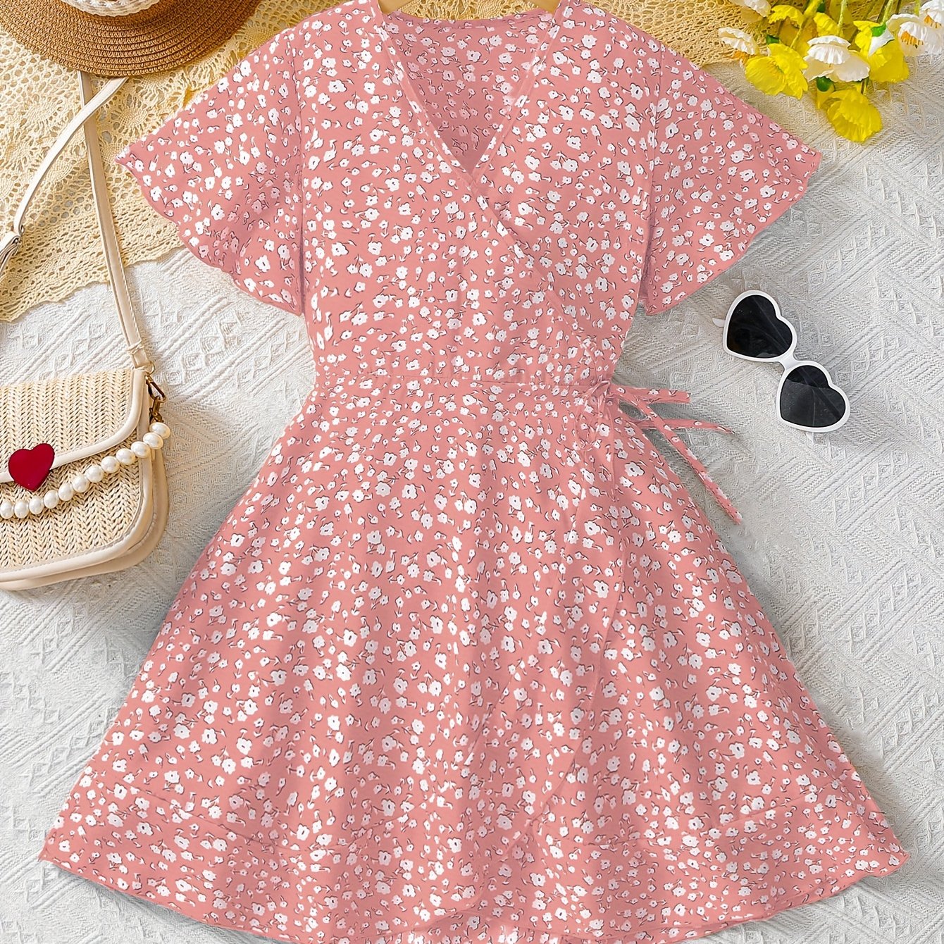 Vibrant Floral Fitted V-Neck Short Sleeve Dress for Girls - Asymmetrical, Non-Stretch Polyester Fabric, Machine Washable, Perfect for Spring and Summer Parties, Casual Occasions, and Gifts