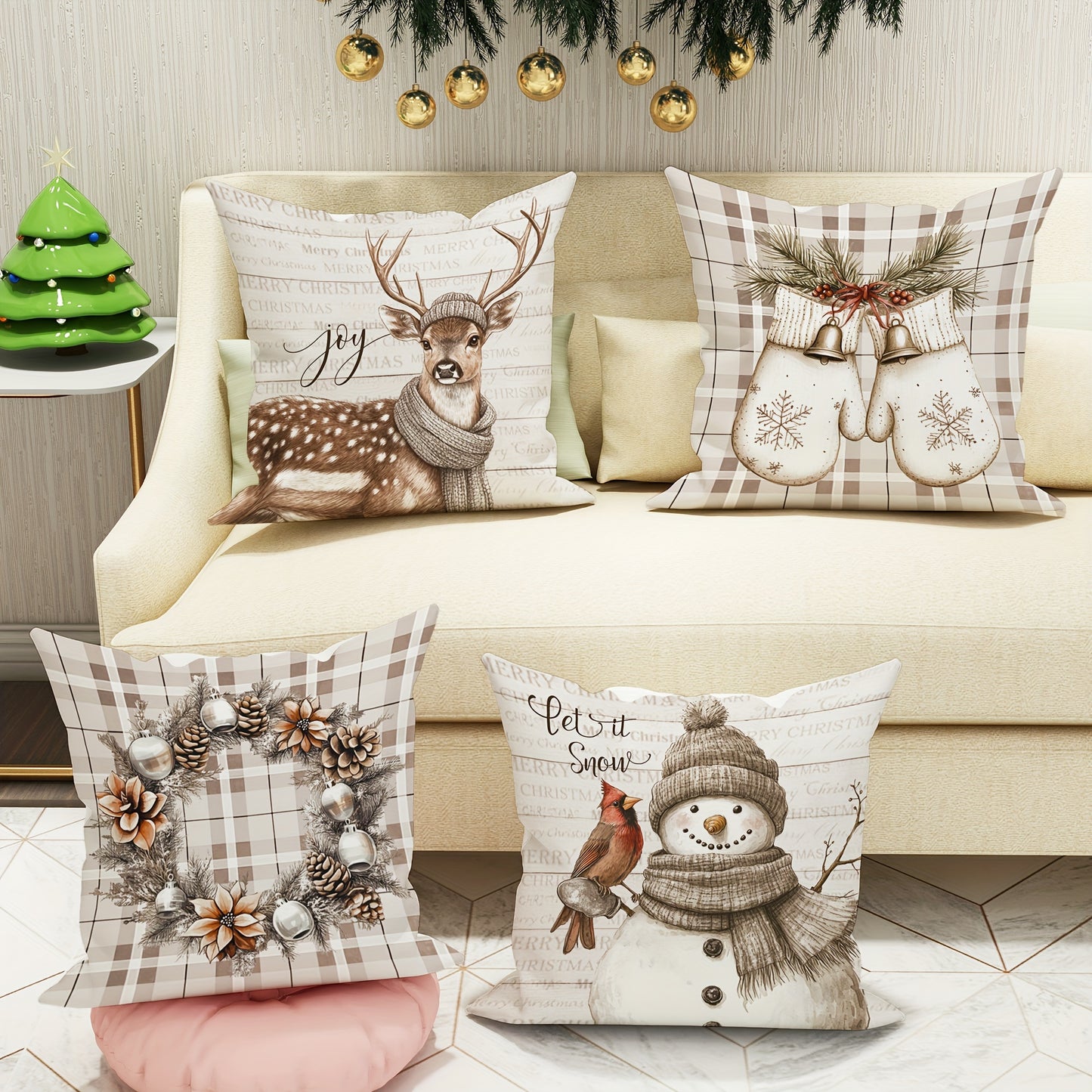 Set of 4 Christmas Velvet Throw Cushion Covers with Snowman, Deer, and Wreath Designs, Contemporary One-Sided Print Decorative Case for Farmhouse Sofa and Living Room Decor, Zipper Closure, Machine Washable - Without Inserts
