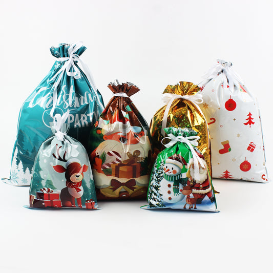 18 Pcs Plastic Christmas Drawstring Gift Bags Set - Santa Claus, Reindeer, Snowflakes Party Favor Packs for Holiday Presents and Treats Storage