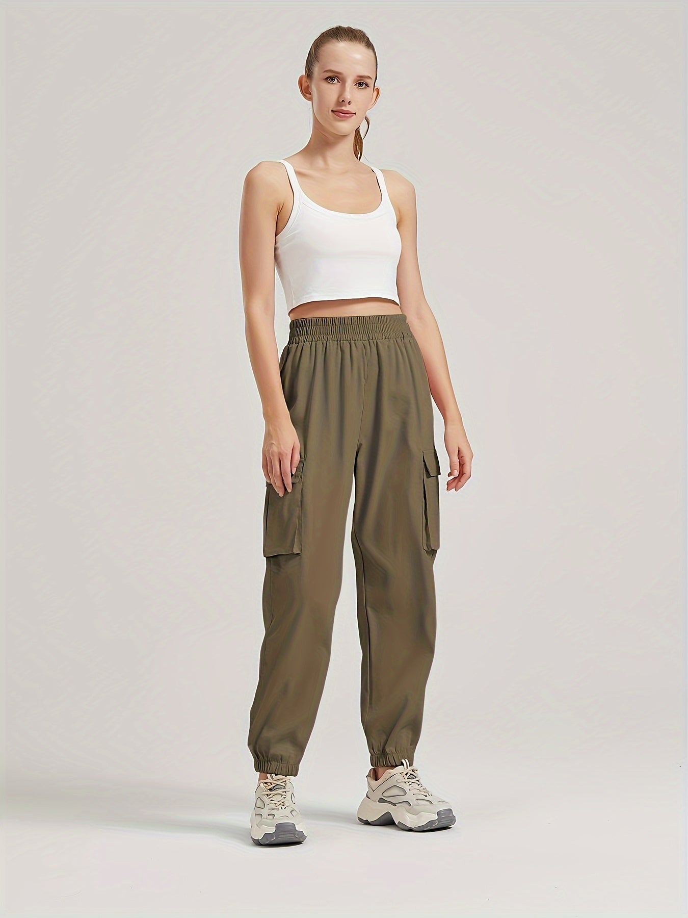 2 Pack Solid Jogger Cargo Pants - Women's Casual Pants with Flap Pockets and Elastic Waistband - Comfortable and Versatile Clothing for Everyday Wear