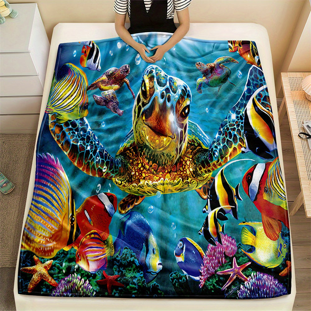 1pc Cozy Sea Turtle Oceanic Print Blanket - Soft, Warm, Fuzzy Throw for Couch, Bed, Sofa - Perfect Birthday Gift for Animal Lovers