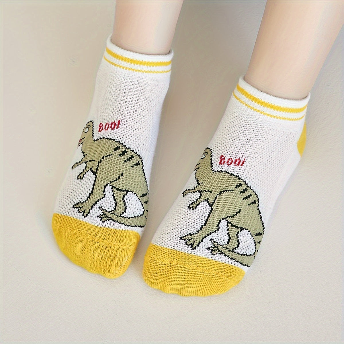 5 Pairs Of Boy's Trendy Dinosaur Pattern Thin & Mesh Breathable No Show Socks, Comfy Casual Soft Socks For Kid's Outdoor Activities