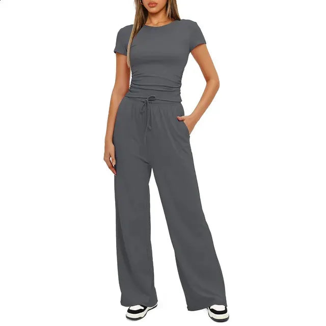 Womens 2 Piece Outfits Lounge Sets Ruched Short Sleeve Tops and High Waisted Wide Leg Pants Tracksuit 240418