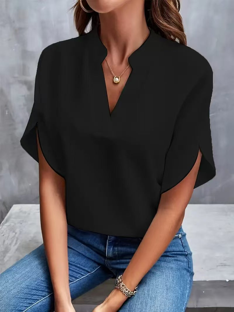 flowersverse Loose Batwing Sleeves Solid Color V-Neck Blouses&Shirts Tops