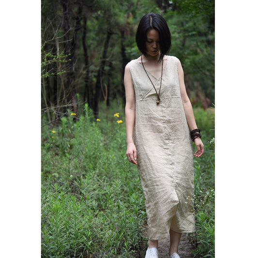 FLOWERSVERSE Su Nian Weiyang 1707/Wood Black, Ramie Simple Literary Sleeveless Pullover Bottom V-Neck Dress