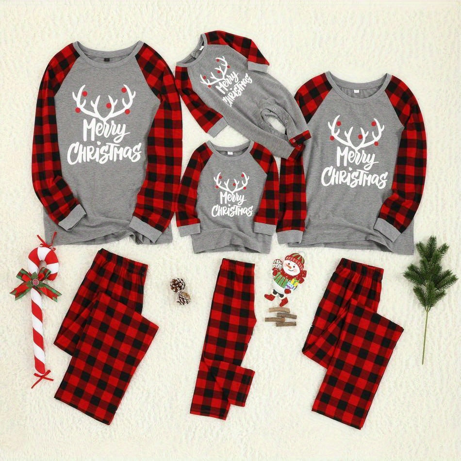 PatPat Christmas Family Matching Merry Antler Graphic Letter Print Plaid Design Crew Neck Round Neck Long*Sleeve Sets (Flame Resistant) For Spring & Autumn/Fall & Winter