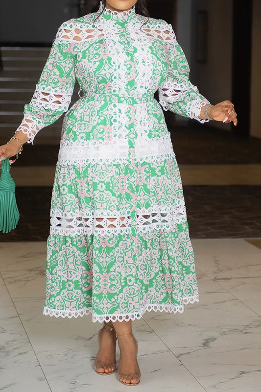 namcoverse Tribal Print Retro Lace Patchwork Midi Dress