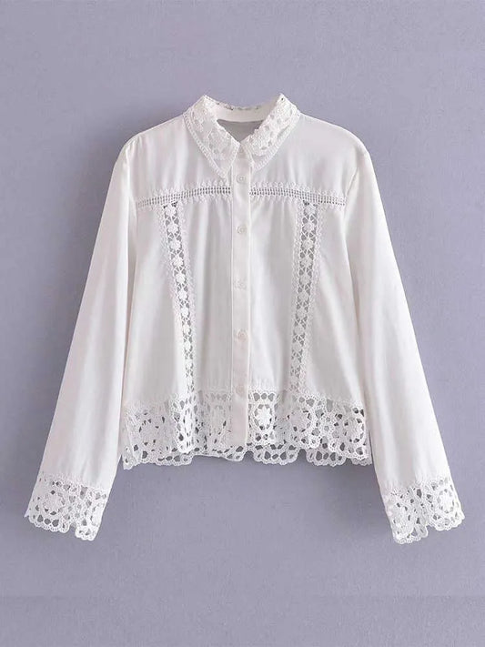 Women's Two Piece Pants Seigurhry Women 2 Pieces Outfits Lace Long Sleeve Button Down Shirt and Lace Short Set Sweet Crochet Splicing Blouses Vintage T221012