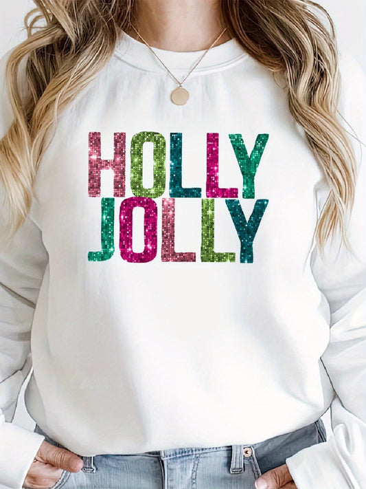 Holly Jolly Faux Sequins Glitter Christmas Gift Woman's Cozy Classic Print Pullover Sweater, Casual Long Sleeve Crew Neck Sweater For Sports