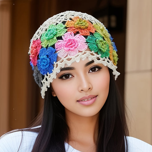Vibrant Bohemian Crochet Womens Beanie - Lightweight Artistic Floral Knit Cap with Unique Hollow-Out Design - Adjustable Vintage Style for Spring/Summer - Random Flower Colors