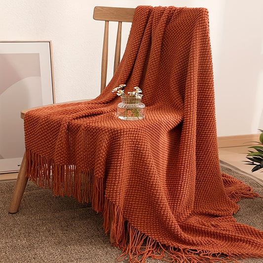 1pc Cozy Morandi Orange Tassel Soft Knitted Throw Blanket - Warm, Lightweight, and Plush for Snuggling Up on Couch, Sofa, Office, Bed, Camping, and Travelling - Perfect for Indoor and Outdoor Use