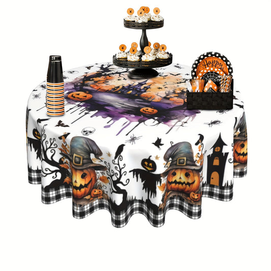 1pc Vibrant Halloween Tablecloth - Polyester Table Cover for Home Kitchen Dining Picnic Decoration with Black White Buffalo Check Ghost Pumpkin Skeleton Castle Holiday Pattern - Perfect for Spooky Season Home Supplies