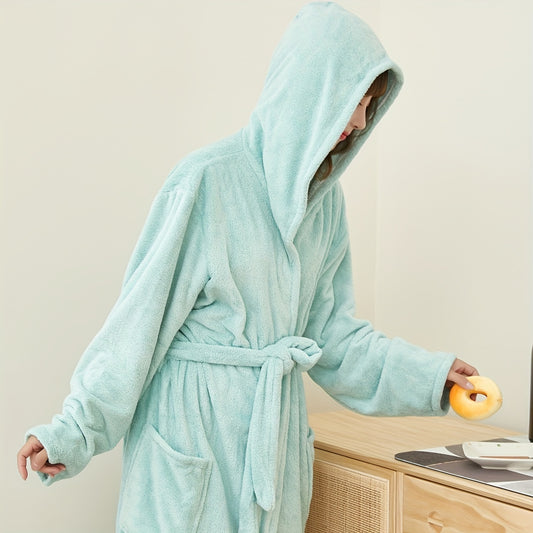 1pc Coral Fleece Bathrobe with Hood - Ultra Soft, Absorbent, Quick Drying, Pure Color Home Hotel Spa Pool Bath Robe for Bathroom Accessories