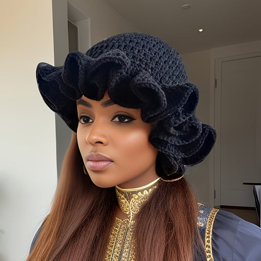 Chic Multicolor Crochet Ruffle Bucket Hat for Women & Men - Warm Knit Fisherman Cap with Elastic Fit, Lightweight & Stylish
