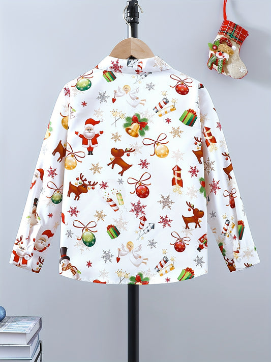 Christmas Fun Boys' Long Sleeve Button-Down Shirts - Merry Santa Claus and Deer Allover Print Tops for Spring and Fall Outwear - Comfortable Casual Wear for Holiday Season