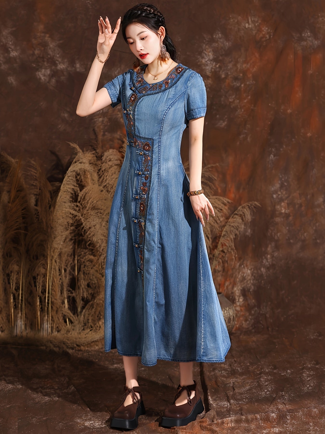 Floral Embroidery Chinese Cheongsam Style Pankou Knots Closure Short Sleeve Elegant Vintage Denim Dress, Women's Denim Jeans & Clothing