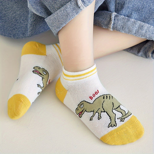 5 Pairs Of Boy's Trendy Dinosaur Pattern Thin & Mesh Breathable No Show Socks, Comfy Casual Soft Socks For Kid's Outdoor Activities