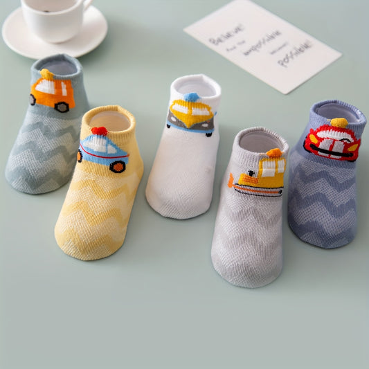 5 Pairs Of Toddler's Cute Car Design Low-cut Ankle Socks, Soft Comfy Cotton Blend Children's Socks For Boys Girls All Seasons Wearing