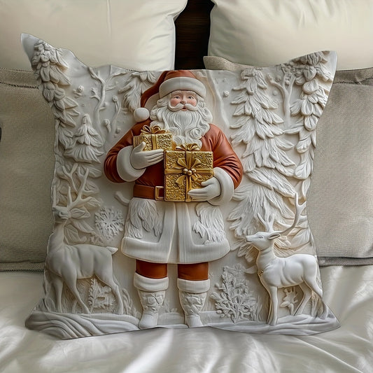 1pc Santa Claus Holding Golden Gifts White Elk 2d Printed Pillowcase 18 x 18 Inch Short Plush Polyester Material Can Be Washed with Zipper Pillowcase Decoration Bedroom Living Room Home Decoration Holiday Atmosphere Beautification Decoration Pillowcase Wi