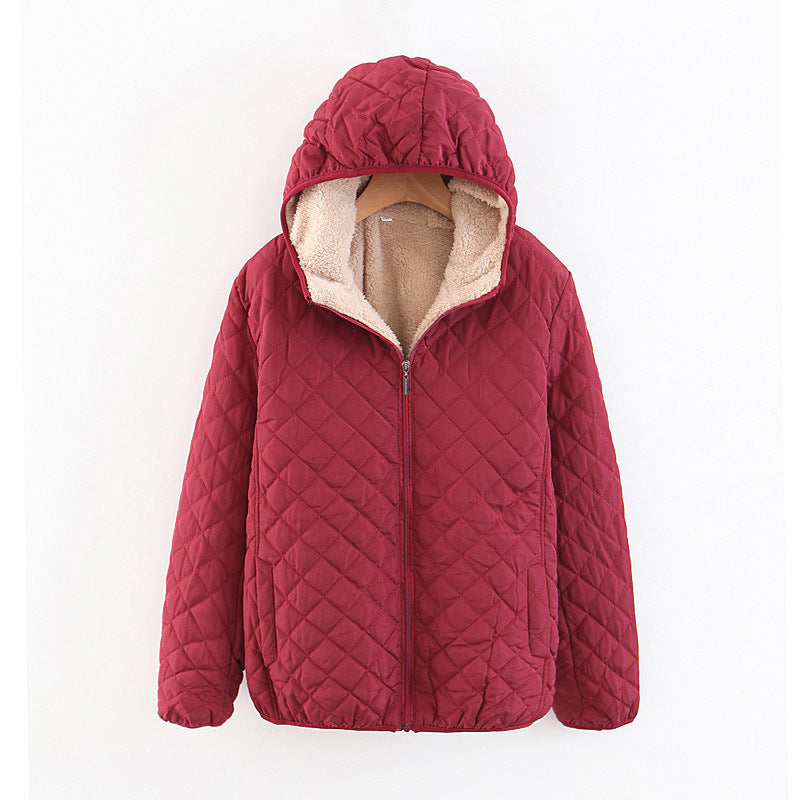 winter clothing Korean version slim and thin plaid lamb wool hooded closure thickened warm cotton-padded clothes women's plus size