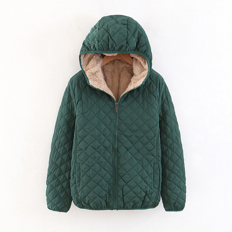 winter clothing Korean version slim and thin plaid lamb wool hooded closure thickened warm cotton-padded clothes women's plus size