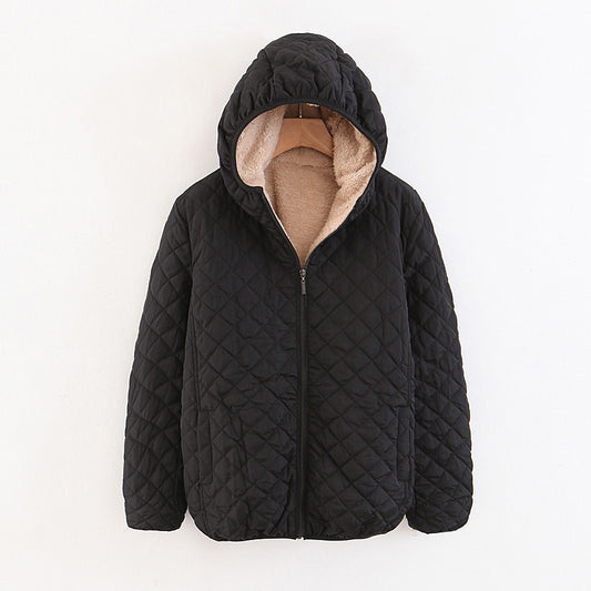 winter clothing Korean version slim and thin plaid lamb wool hooded closure thickened warm cotton-padded clothes women's plus size